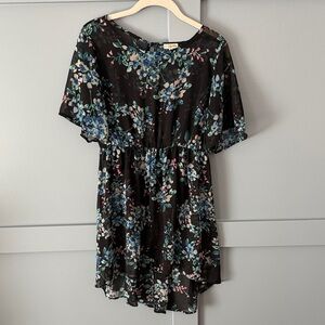 Floral Black Chiffon Babydoll Tunic/Dress - Blue & Pink Flowers